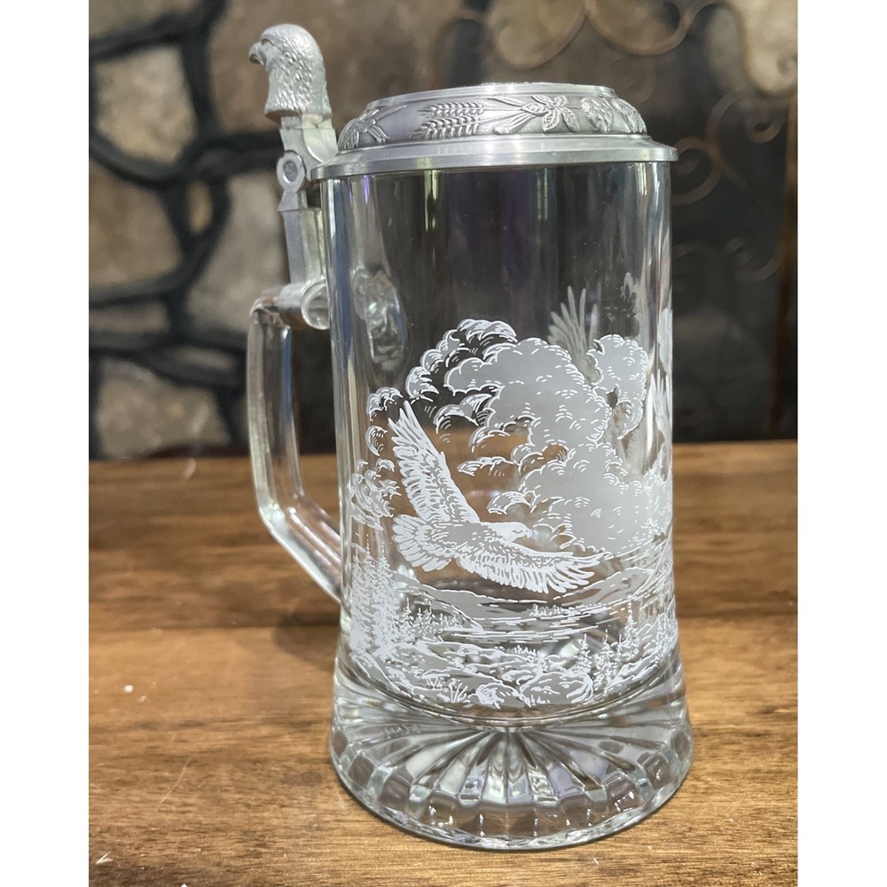 Domex Vintage Beer German Glass Stein 6.5"Etched Glass Soaring Eagle Pewter Lid